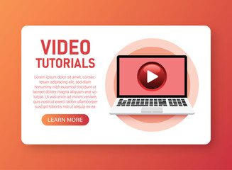 Poster - Play video tutorials icon in flat style. Education software vector illustration on isolated background. Webinar training sign business concept.