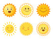 © Lysenko.A - Funny sun with face icon set in flat style. Summer sunshine emoji vector illustration on isolated background. Smiling sun sign business concept.