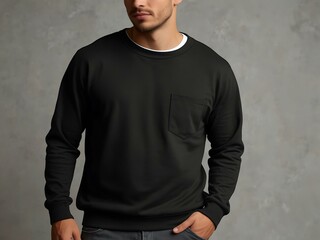 Wall Mural - Black sweatshirt with long sleeves and front pocket on white.