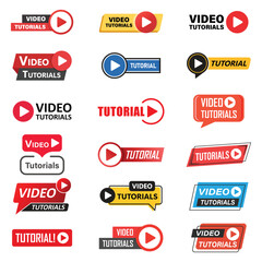 Poster - Play video tutorials icon set in flat style. Education software vector illustration on isolated background. Webinar training sign business concept.