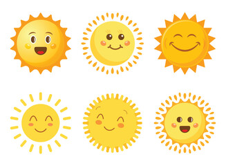 funny sun with face icon set in flat style. summer sunshine emoji vector illustration on isolated ba