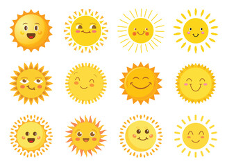 funny sun with face icon set in flat style. summer sunshine emoji vector illustration on isolated ba