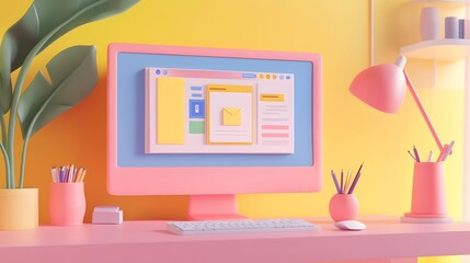 Web UI-UX design, SEO optimization marketing. Studying at home, online education at the university. Web building and cooperation meeting. 3d render illustration. 