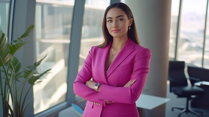 Poster - Confident businesswoman in a pink suit standing in a modern office.