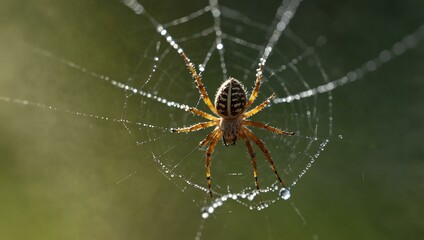 Wall Mural - Close-up of a spider weaving a web with dew drops glistening in morning light.