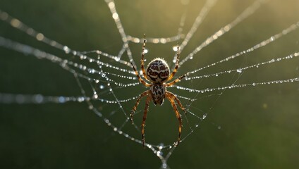 Wall Mural - Close-up of a spider weaving a web with dew drops glistening in morning light.