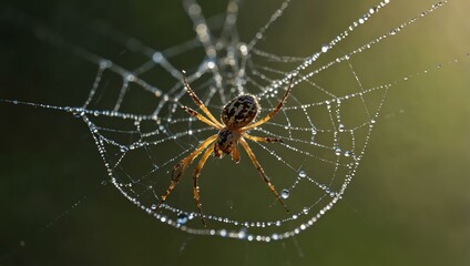 Wall Mural - Close-up of a spider weaving a web with dew drops glistening in morning light.