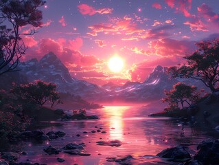 Wall Mural - Magical Sunset Landscape with Mountains and Lake