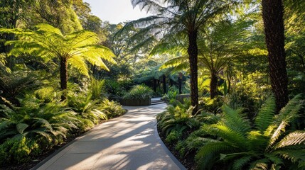 Sticker - Sunlight Filtering Through Lush Ferns in a Tranquil Garden