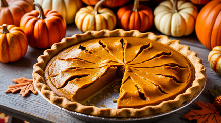 Poster - Pumpkin pie decorated with shiny frosting on a wooden table with pumpkins