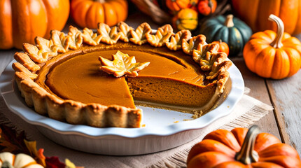 Poster - Pumpkin pie decorated with shiny frosting on a wooden table with pumpkins