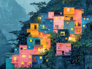 Wall Mural - Colorful Houses on a Mountainside at Night