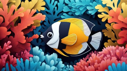 Poster - A cute and curious Longfin Bannerfish Heniochus acuminatus swimming among vibrant coral in a tropical reef setting Curious Longfin Bannerfish Swimming Among Vibrant Coral in Tropical Reef