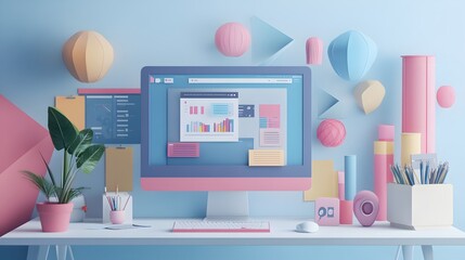 Web UI-UX design, SEO optimization marketing. Studying at home, online education at the university. Web building and cooperation meeting. 3d render illustration. 