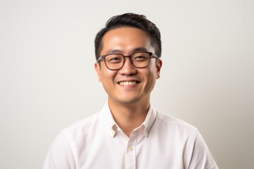 portrait of a happy young asian man in eyeglasses on grey background