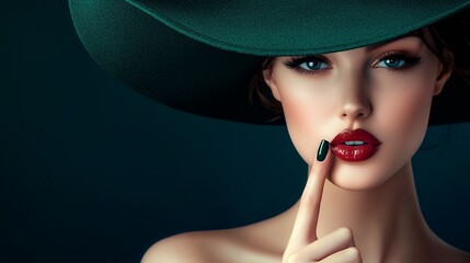 Poster - Woman with green hat, red lipstick, and dark nail polish.