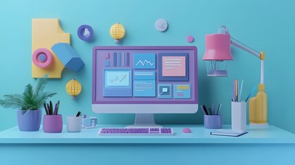 Web UI-UX design, SEO optimization marketing. Studying at home, online education at the university. Web building and cooperation meeting. 3d render illustration. 