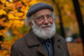 Wall Mural - Man with a gray hat and beard is smiling. He is wearing a brown coat. Senior outdoor portrait in red and yellow leaves in autumn park. Autumn and mood. Mature man in autumn orange leaves, outdoor.