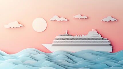 Paper-cut style, Cruise ship, travel industry. Vacation concept