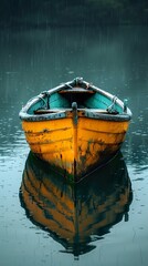 Sticker - Solitude in the Rain: A Boat Reflecting on a Tranquil Lake