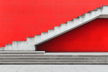 Poster - Red wall with a concrete staircase. The staircase is made of gray blocks. Wide-angle side view of a long concrete staircase with 100 steps, each featuring detailed cement texture.