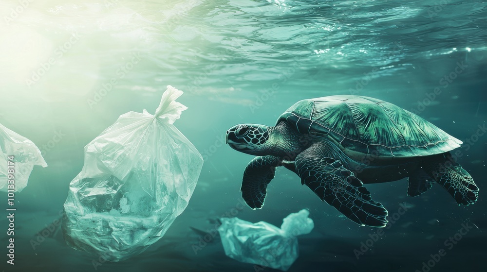 Green Sea Turtle Swimming Through Plastic Pollution in Ocean Stock ...