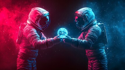 two astronauts in space suits share a playful moment exchanging a glowing holographic sphere amidst 