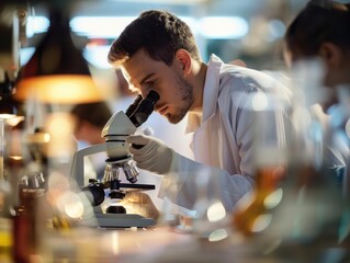 Poster - young researcher focused on microscope analysis