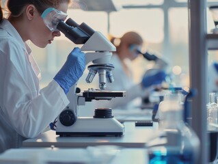 Poster - Young Researcher Engaged with a Microscope in Lab