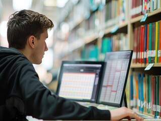 Poster - Student Analyzing Data on Computer in Library