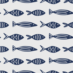 Poster - Blue painted fish swimming to the right. Seamless vector background of drawn simple fish.