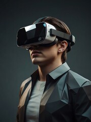 Wall Mural - Futuristic VR headset on a low-poly figure, symbolizing tech innovation.