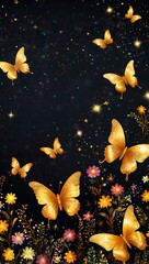 Wall Mural - Golden butterflies with glowing wings hover amidst sparkling stars and colorful flowers on a dark background.