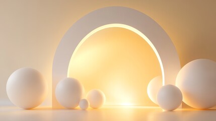 Poster - Abstract geometric composition with glowing arch and spheres, minimal design concept