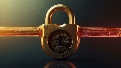 Wall Mural - Golden padlock with neon lines representing encryption.