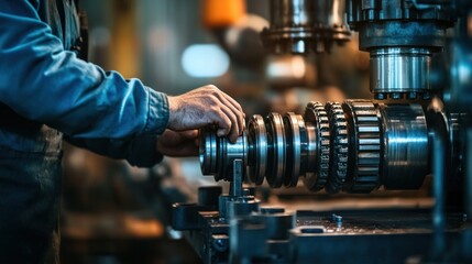 Poster - A worker assembles machinery components in a factory setting, showcasing industrial processes.