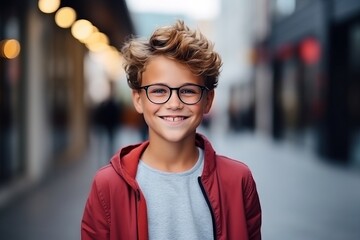 portrait of smiling boy in eyeglasses on the city street