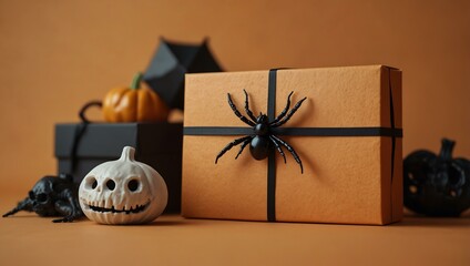 Wall Mural - Halloween card concept featuring spider, gift box, and skull around a blank card on a light orange background.