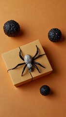 Wall Mural - Halloween greeting card layout with a spider, skull, and gift box on a light orange background.