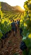 © fangphotolia - A group of friends enjoying a guided vineyard tour, sampling wine and walking among the lush grapevines