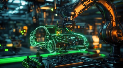 Poster - A futuristic robotic assembly line featuring a transparent car model in a high-tech factory.