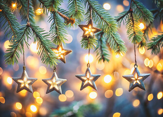 Wall Mural - Christmas Lights - Stars String Hanging At Fir Branches In Abstract Defocused Background