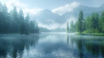 Wall Mural - A tranquil morning fog blankets a serene lake surrounded by lush evergreen trees and distant mountains. Generative AI