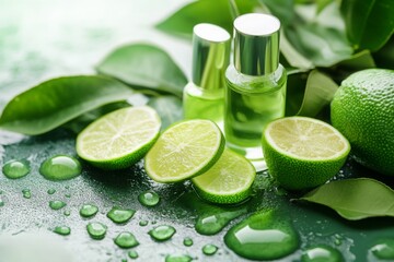lime essential oil in glass bottles with green leaves