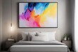 © Asad - A minimalist bedroom with neutral tones and simple lines, where a single, large abstract painting in bold colors hangs above the headboard, creating a striking contrast in the serene environment.