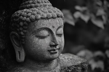 Ancient stone buddha statue resting peacefully with eyes closed