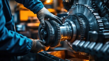 Poster - A technician assembling gears in a mechanical workshop, highlighting industrial processes.