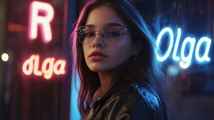 Stylish Woman in Neon Glow Wearing Retro Glasses and Leather Jacket