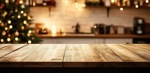 Empty wooden table top with blurred kitchen interior and Christmas tree in the background. 

