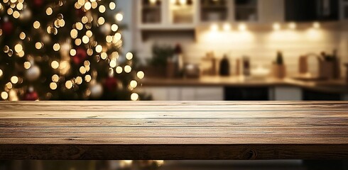 Empty wooden table top with blurred kitchen interior and Christmas tree in the background. 

